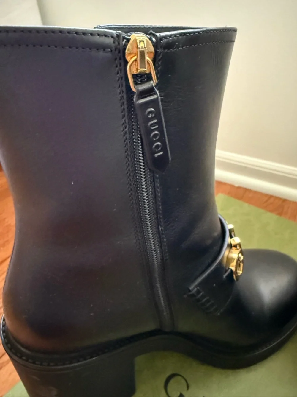 Gucci Black Leather Ankle Boots with Gold Logo Strap - Picture 5 of 9